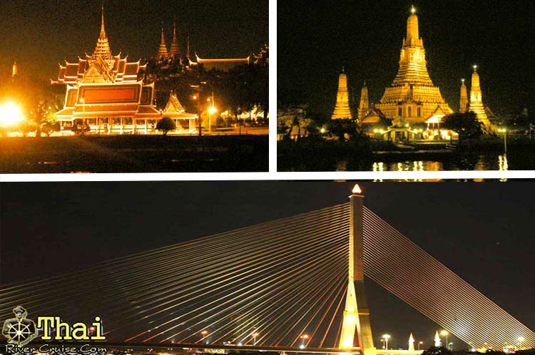 นอกจาก ท่านจะได้รับ ความสนุกสนาน เคล้าบรรยากาศ โรแมนติก แล้ว ยังได้สัมผัส สถานที่ ท่องเที่ยว ทางน้ำ อันสำคัญได้แก่ พระมหาบรมราชวัง วัดพระแก้ว วัดอรุณ สะพานพระราม 8 ฯลฯ ล้วนเป็น สถาปัตยกรรม ริมน้ำ เจ้าพระยา อันงดงาม ยาม ล่องเรือ แม่น้ำเจ้าพระยา วัดพระแก้ว วัดอรุณ โรงแรมหรู ริมน้ำเจ้าพระยา