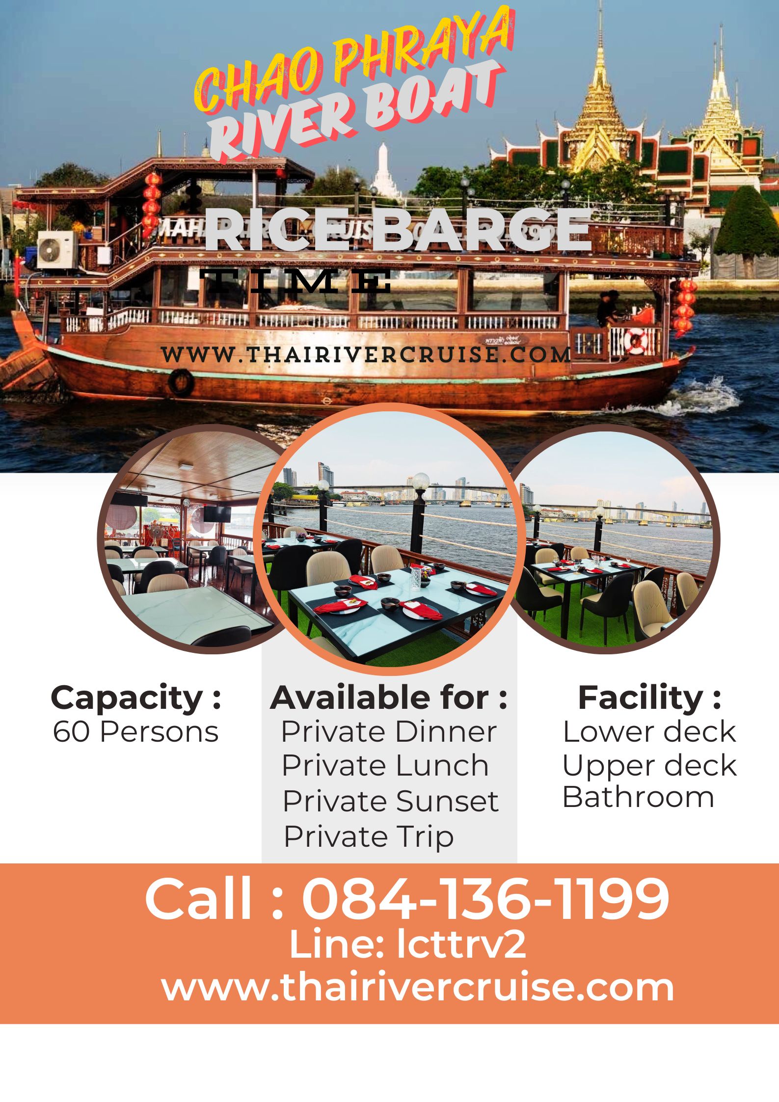 Private ricebarge cruise Bangkok dinner cruise on the Chaophraya river 