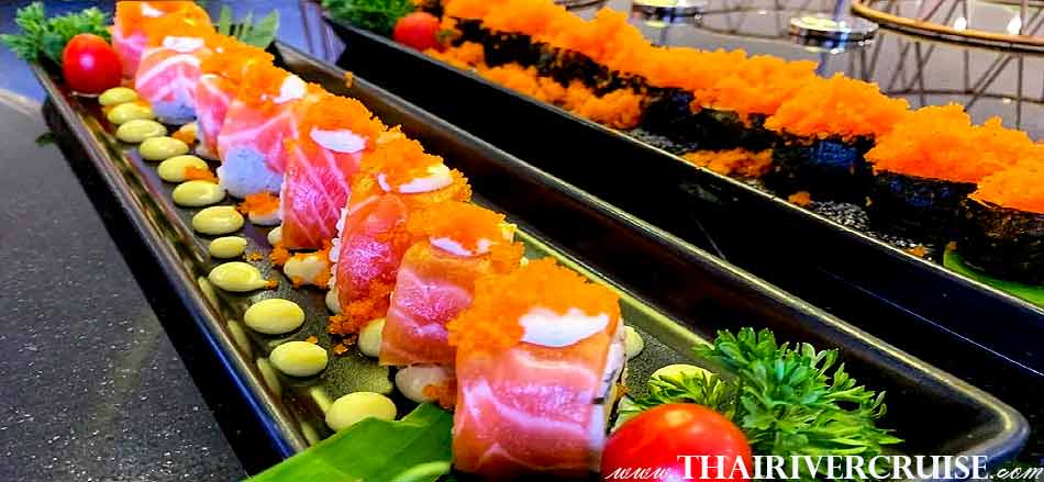 Japanese food available on board The Alangka River Cruise, The Alangka Cruise , Luxury loykratong dinner cruise Bangkok,Thailand. inside of Air-conditioned floor enjoy to many delicious menus on buffet line