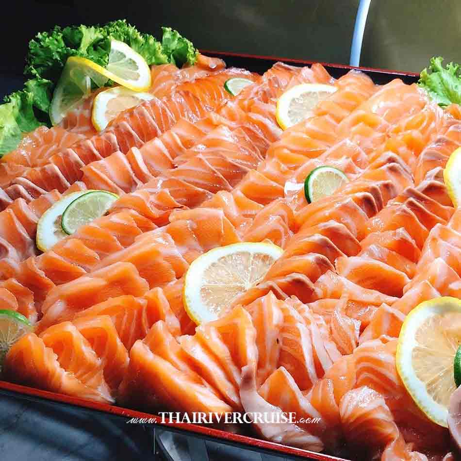 Salmon Japanese food on Alangka Cruise Elegance Luxury Bangkok Dinner Cruise Chaophraya River,Thailand. Alangka Cruise Bangkok Dinner Cruise Promotion Discount Cheap Ticket Price Offers Booking Online 