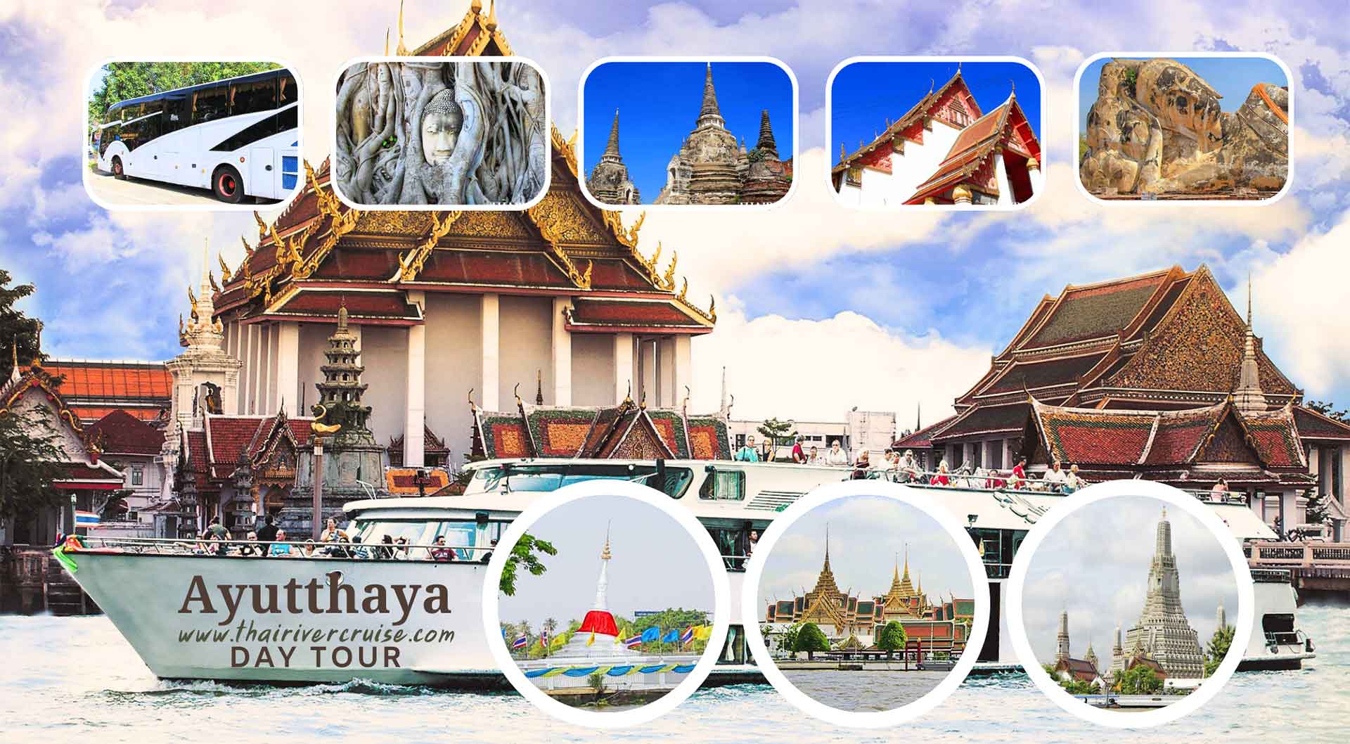 Ayutthaya Day Tour from Bangkok Grand Pearl Cruise go by Bus and back by Cruise with Buffet Lunch and Coffee Break