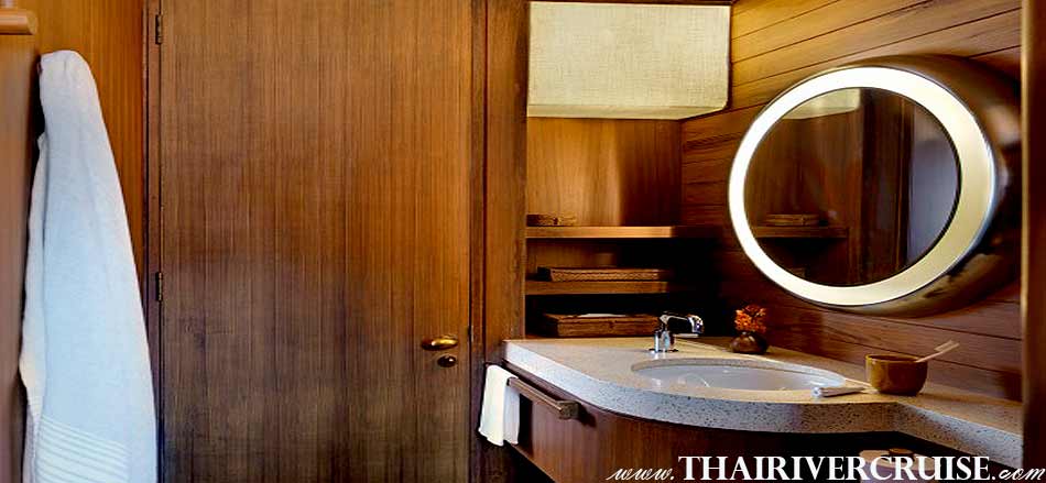 The rest room of boat with room Bangkok,Thailand. Private Luxury Rice Barge Chaophraya river Cruise Bangkok
