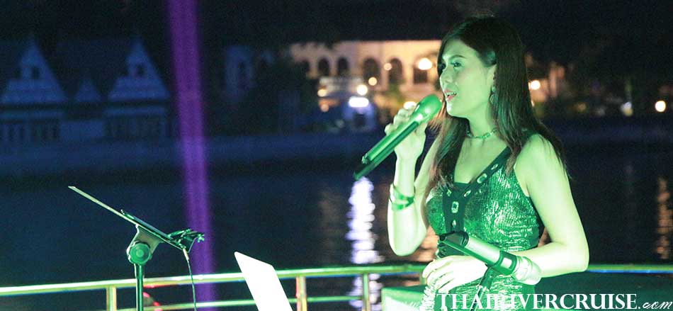 Beautiful professional singer on-board Celebrating Loy Krathong Festival in Bangkok 2020 Thailand. Loy Krathong Royal Princess Cruise Festival Bangkok including buffet dinner show, live music, Enjoy to see the beautiful magnificent view of both side of Chao phraya river in sunset time  with Bangkok Sunset River Cruise Royal Princess Cruise Thailand