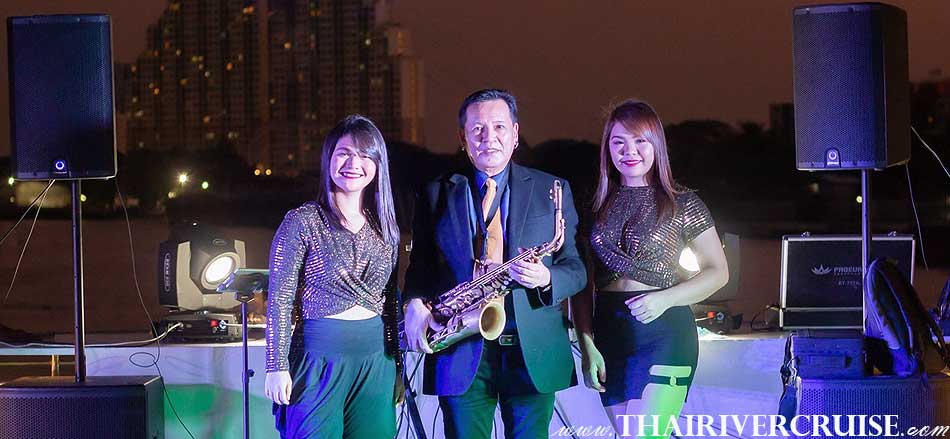 Enjoy to see the beautiful magnificent view of both side of Chao phraya river in sunset time  with Bangkok Sunset River Cruise Royal Princess Cruise Thailand,Mr SAXOPHONE and professional singer on board