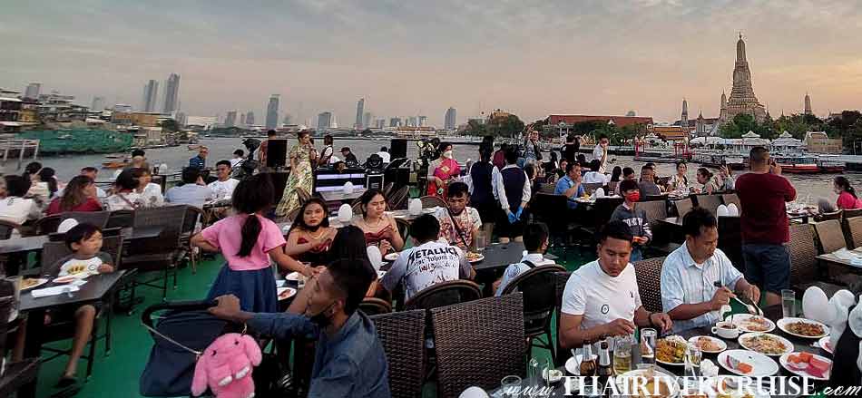 Enjoy to see the beautiful magnificent view of both side of Chao phraya river in sunset time  with Bangkok Sunset River Cruise Royal Princess Cruise Thailand,Mr SAXOPHONE and professional singer on board