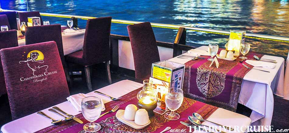 Welcome aboard Chao Phraya Cuise & Grand Chaophraya Cruise, luxury large elegance 5-stars dinner cruise Chaophraya river Bangkok Thailand 