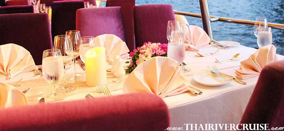 Welcome aboard Chao Phraya Cuise & Grand Chaophraya Cruise, luxury large elegance 5-stars dinner cruise Chaophraya river Bangkok Thailand 