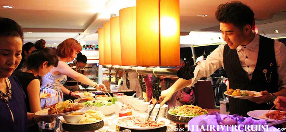 Loi Krathong Festival Bangkok Chaophraya Cruise, enjoy to Delicious buffet dinner on Loy kratong night Bangkok Thailand 