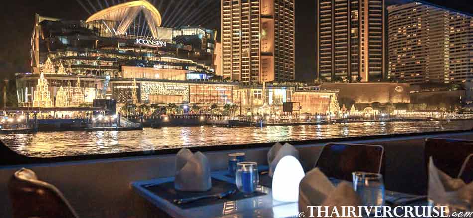 Cheap Romantic Valentine Day Restaurant Promotions Bangkok, Beautiful river view of IconSiam from Royal Princess Cruise New Luxury Large Elegance Bangkok Dinner Cruise on the Chao Phraya River,Thailand 