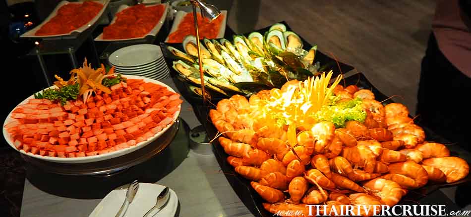 Cheap Romantic Valentine Day Restaurant Promotions Bangkok, New Zealand mussels and river prawns seafood sauce in Buffet line of Royal Princess Cruise New Luxury Large Elegance Bangkok Dinner Cruise on the Chao Phraya River,Thailand 