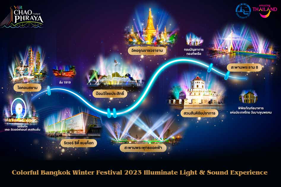 Colorful Bangkok Winter Festival 2023 Illuminate Light & Sound Experience. Thailand Winter Festivals Colorful Bangkok Winter Festival 2023 Vijit Chaophraya2023