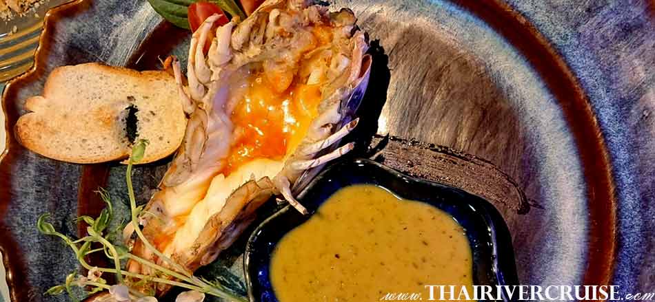 Thai boat dinner menu Thai boat dish Grilled River Prawns - กุ้งแม่น้ำย่าง  Ricebarge dinner cruise menu River cruise bangkok dinner Chao phraya river cruise booking