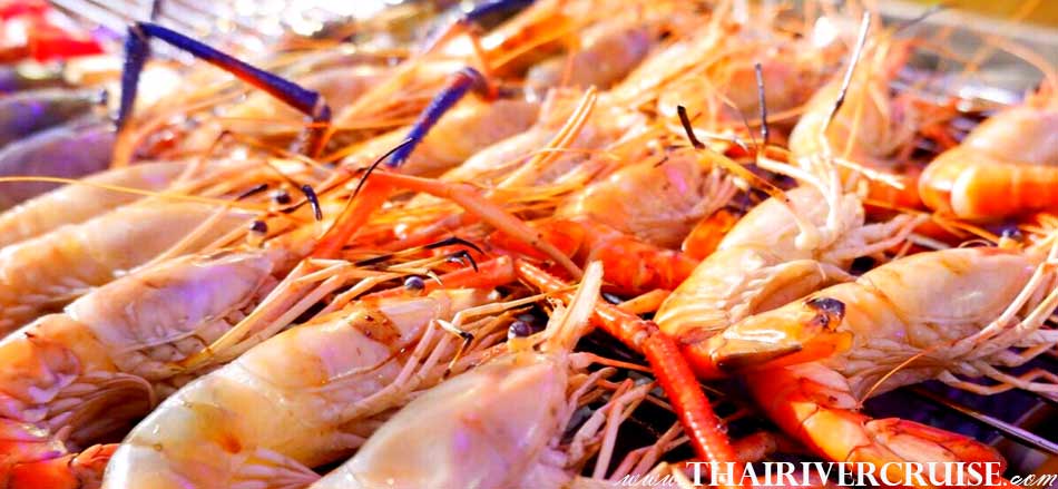 International buffet with Grilled River Prawn, Countdown Bangkok Thailand Cruise Dining Near Me, dinning watch fireworks and celebrate New year's party &  countdown night