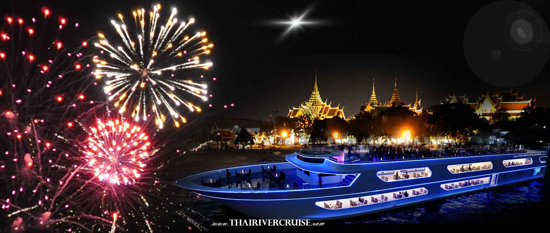 New Year's Eve 2025 Bangkok Rooftop The Luxury White Cruise  Best place to celebrate new year in Bangkok New Year's Eve2025 Bangkok Rooftop The Luxury White River Cruise dinner celebration countdown party fireworks 