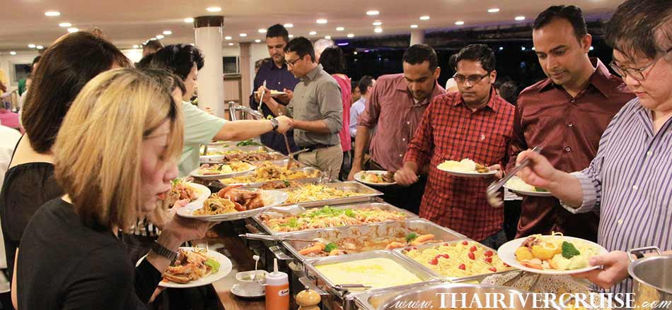 Enjoining to elegant buffet dinner many kind of food ,private dinning cruise Bangkok,Thailand