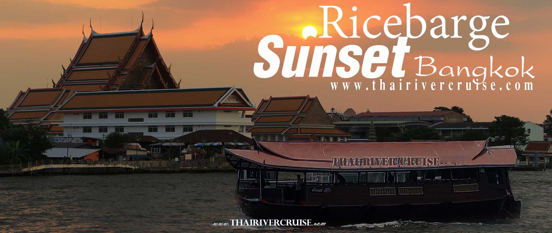 Rice Barge Bangkok Sunset Cruise River Boat Trip along the Chaophraya river Bangkok Thailand 