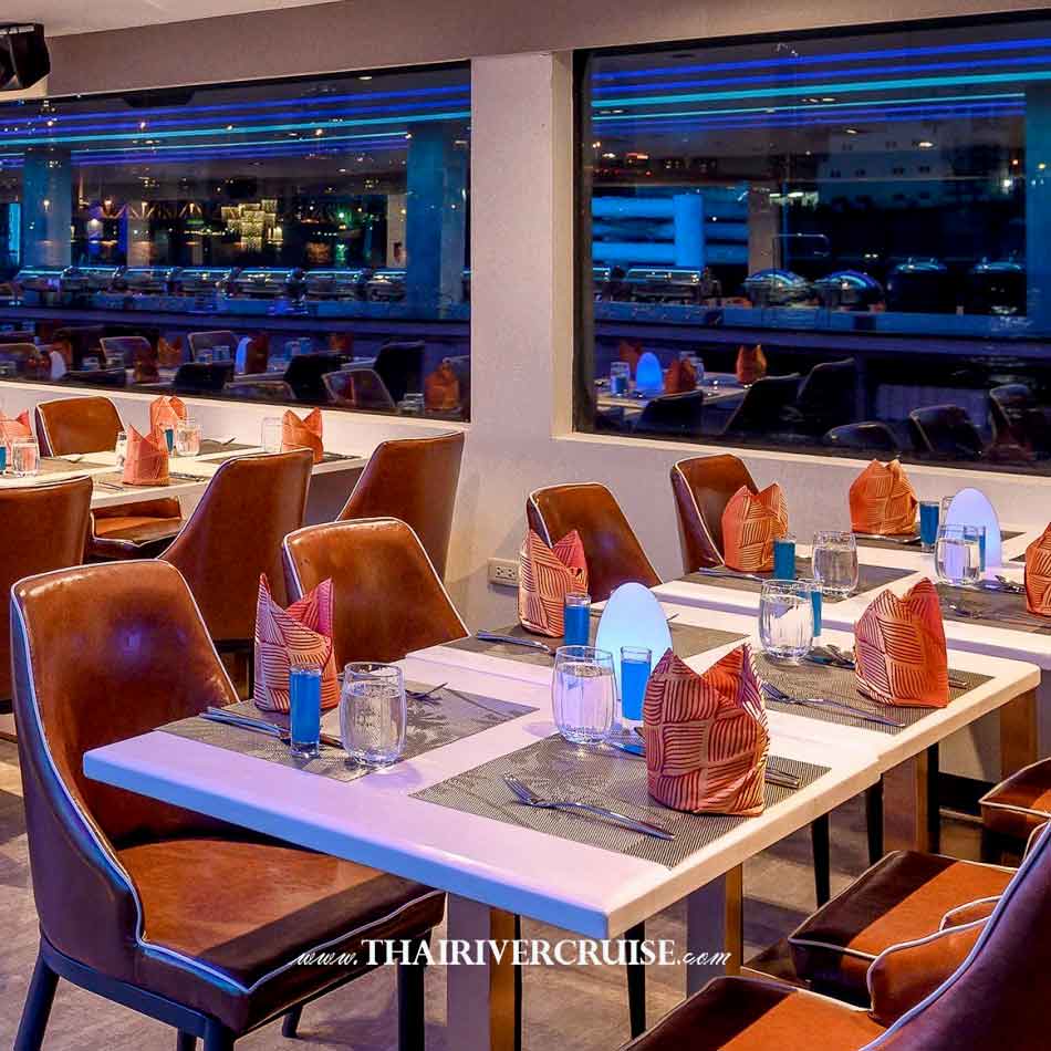 Air-conditioned floor of Royal Princess Cruise New Luxury Large Elegance Bangkok Dinner Cruise on the Chao Phraya River,Thailand 
