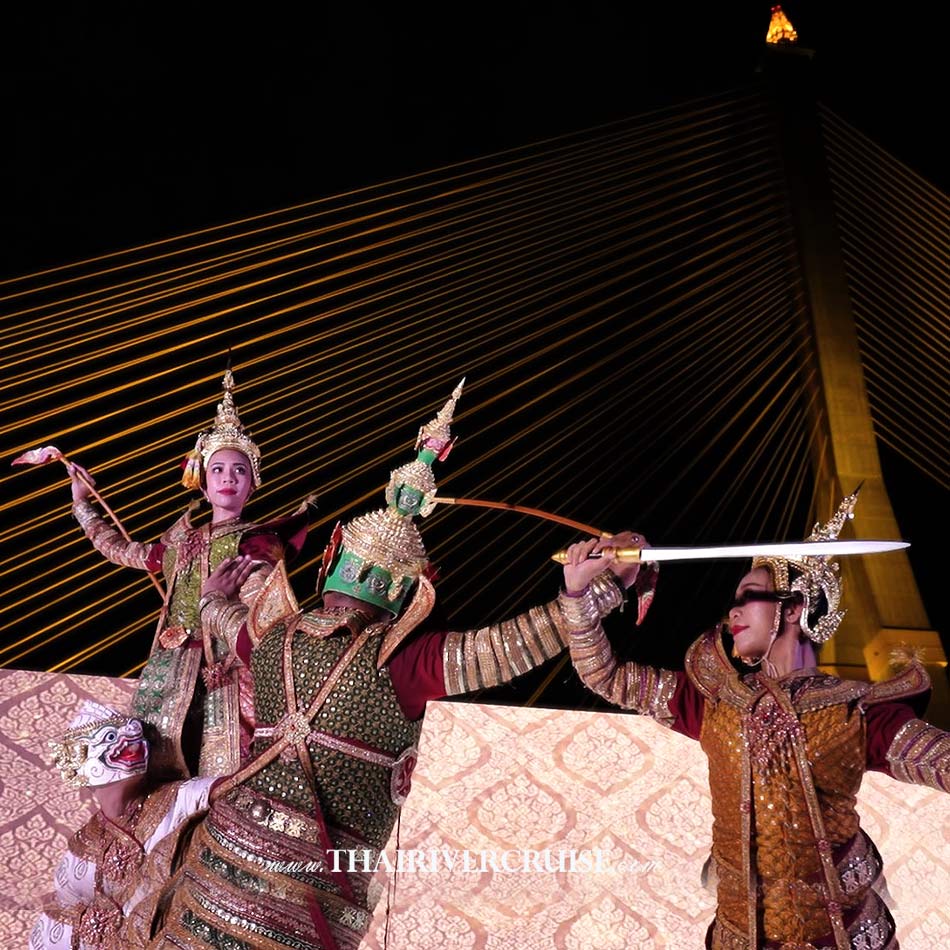 Best River cruise Bangkok Sawasdee Chaophraya Cruise, enjoy to see traditional Thai dance shows, including a Khon show. KHON RAMAKIEN, EPISODE: YOK ROB A royal-class Khon performance from Thailand is national epic Ramakien. This scene portrays the great battle between Rama and Ravana, filled with fight choreography, colorful costumes, and graceful gestures. It highlights the artistry and cultural richness of traditional Thai dance and drama.