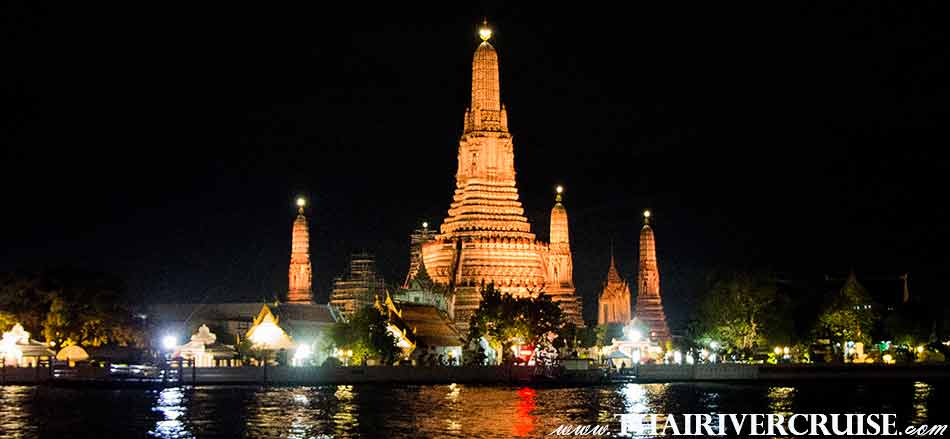 Temple of Dawn or Wat Arun ,The Beautiful Night Scenery Along the Chaophraya River Bangkok Thailand,Private Dinner Cruise Bangkok