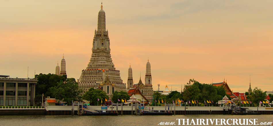 Temple of Dawn or Wat Arun , Bangkok Sunset View of Chao Phraya river,Thailand Twilight Cruise Bangkok Chao Phraya River 