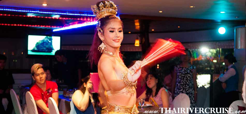 Entertainment on board White Orchid River Cruise by Thai classical dancing cabaret show and live band music 