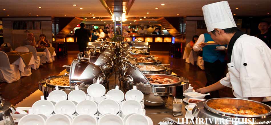 Large Buffet Line of White Orchid River Cruise luxury buffet dinner cruise along Chaophraya river Bangkok Thailand, White Orchid River Cruise Bangkok Dinner Cruise Discount Promotion Best Price 