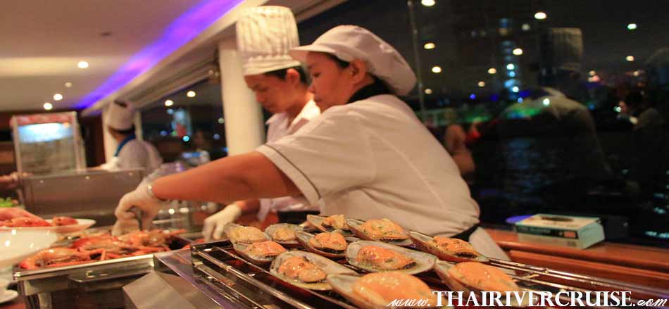 Seafood grill buffet on board White Orchid River Cruise, Bangkok Countdown 2021 Dinner Cruise White Orchid River Cruise