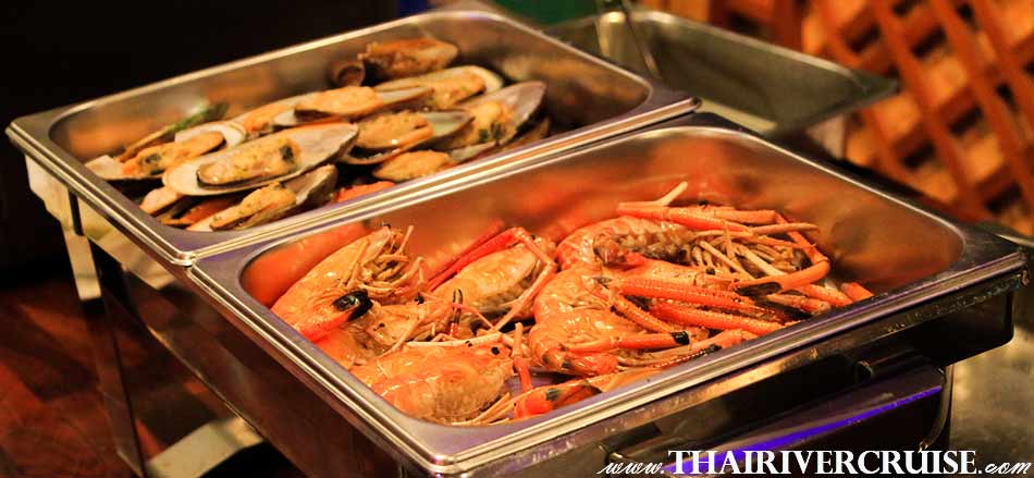 Seafood on board White Orchid River Cruise luxury buffet dinner cruise along Chaophraya river Bangkok Thailand,Bangkok Countdown 2021 Dinner Cruise White Orchid River Cruise 