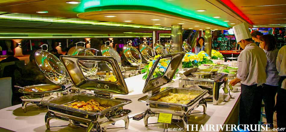 Elegant buffet line serves up European, Japanese, Thai  and international cuisine on board Wonderful Pearl Cruise,Bangkok Dinner Cruise Promotion Price Discount Offer Lower Cost Booking & Reservation  