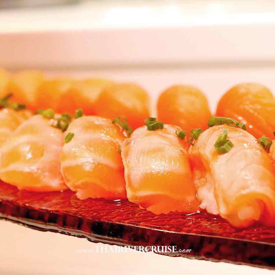Salmon roll Japanese on board New Year Dinner in Bangkok Wonderful Pearl Cruise The Best of Celebrate New Year in Bangkok on the Chao Phraya River with 5-Star Large Elegance Deluxe River Cruise, Best Countdown Bangkok Party Happy New Year Dinner in Bangkok Wonderful Pearl Cruise. Famous place for watch firework onboard  5 Star luxury  Thailand 