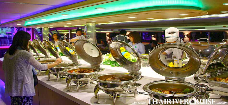 Large elegant buffet on board of New Year Dinner in Bangkok Wonderful Pearl Cruise The Best of Celebrate New Year in Bangkok on the Chao Phraya River with 5-Star Large Elegance Deluxe River Cruise, Best Countdown Bangkok Party Happy New Year Dinner in Bangkok Wonderful Pearl Cruise. Famous place for watch firework onboard  5 Star luxury  Thailand 