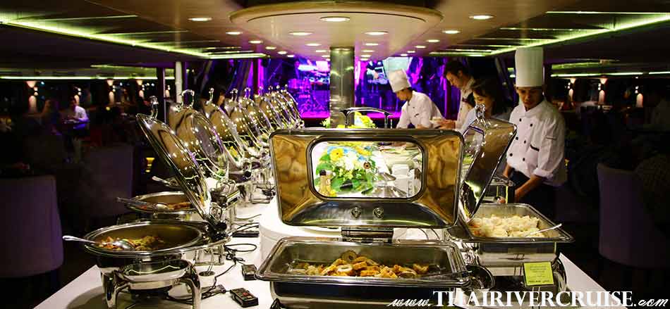 Elegant buffet line serves up European, Japanese, Thai  and international cuisine on board Wonderful Pearl Cruise,Bangkok Dinner Cruise Promotion Price Discount Offer Lower Cost Booking & Reservation  
