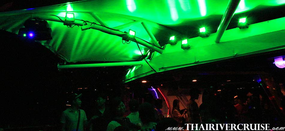 High End Sound System  Disco Lightson  Party Boat Chao Phraya river Bangkok,Thailand. Private Cocktail Cruise Bangkok Sunset Night Party Boat including free flow drinks snack buffet  