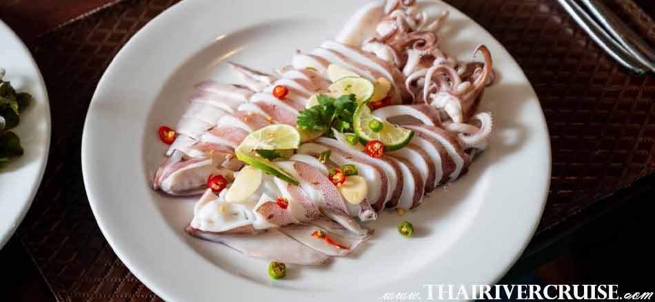 Steam squid with chili and lemon on buffet,Bangkok's Best Valentine's Day Dinners on Wonderful Pearl Cruise Luxury 5 Star Dinner Cruise Bangkok Thailand. 