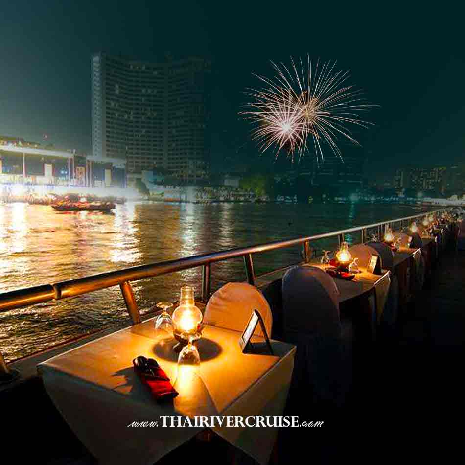 Bangkok Countdown 2021 Dinner Cruise White Orchid River Cruise Bangkok, NEW YEARS EVE Dinner Cruise at The Chaophraya river, Candle light romantic dinner White Orchid River Cruise Bangkok Buffet Dinner Cruise Chao phraya River Bangkok,beautiful fire work from top deck 
