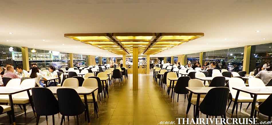 Bangkok Valentine Day, Air conditioned floor with buffet line of Meridian Alangka Cruise Luxury Bangkok Dinner Cruise Chaophraya River