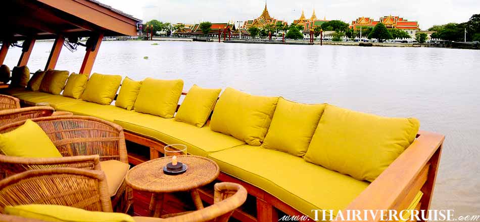 Boat with Rooms Bangkok  Private luxury cruise rice barge 5-star 2 cabin boat on the Chaophraya river Bangkok Thailand , Grand Palace Bangkok with elegance seating and good view on board luxury rice barge 