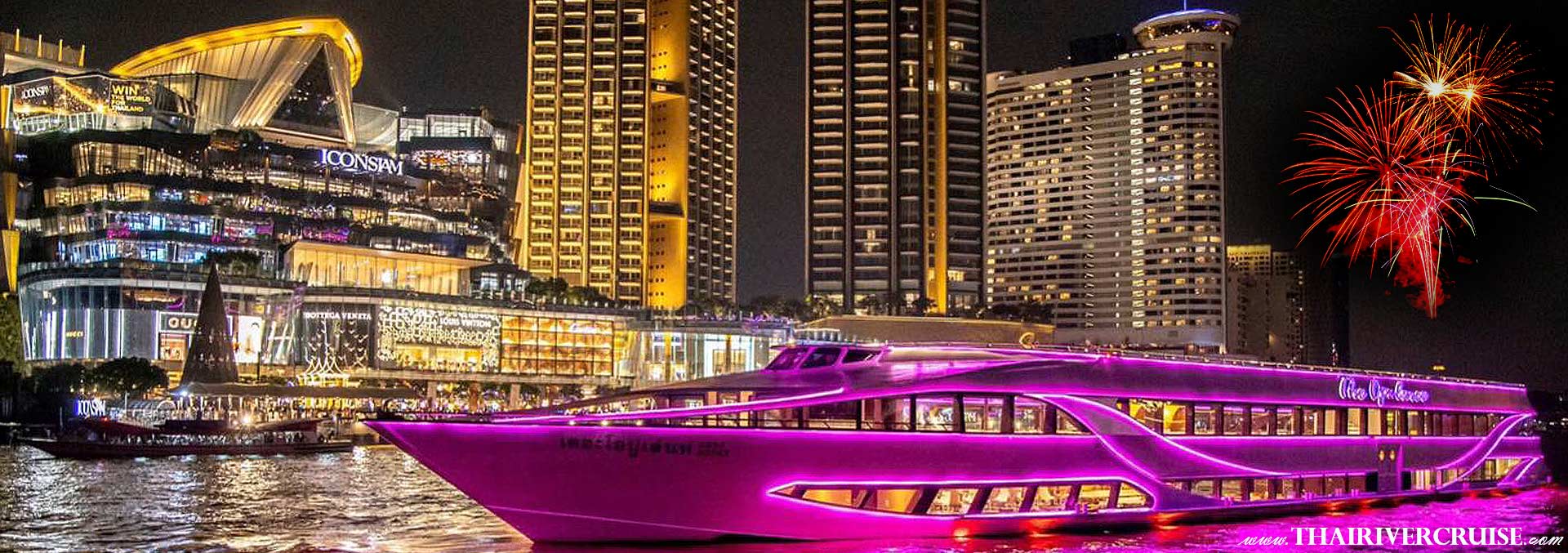 Cruise with rooftop view from Icon Siam Let Celebrate new year eve 2025 Bangkok Luxury New Year Cruise Bangkok The Opulence Cruise New Year EVE 2025 Dinner Cruise Bangkok Thailand 