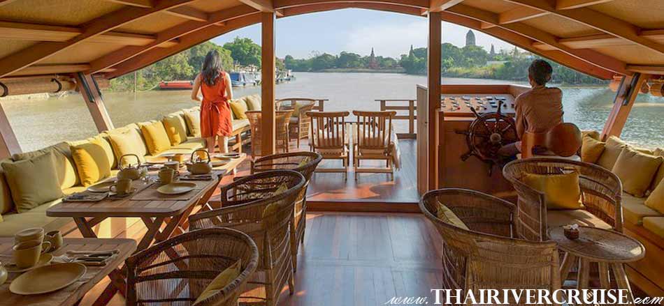 On the main upper deck, both open and shaded areas will provide casual lounge style seating and star-lit dining arrangements for an intimate group of only  2 or 4, through to a party of 30 guests ,Best private luxury rice barge Chao phraya river cruises Bangkok Thailand
