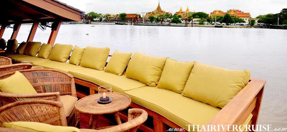 Grand Palace Bangkok with elegance seating and good view on board Best private luxury rice barge Chao phraya river cruises Bangkok Thailand