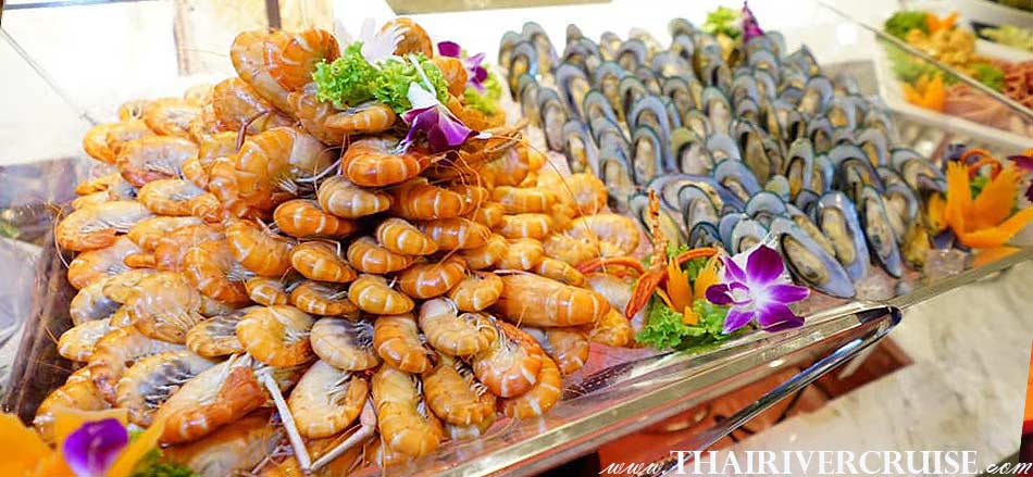 International buffet with Grilled River Prawn, Countdown Bangkok Thailand Cruise Dining Near Me, dinning watch fireworks and celebrate New year's party &  countdown night