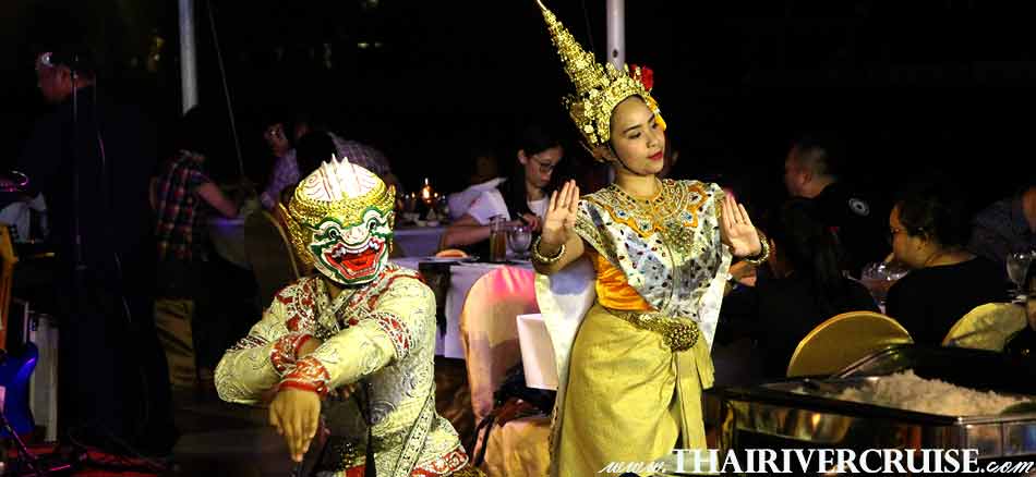 Thai mask khone dance on board River Star Princess Cruise Bangkok Thailand by Thai classical dancing and live band music,Bangkok evening river cruise on Chao phraya river Bangkok River Star Princess Cruise offer discount ticket price for dinner cruise Bangkok booking online promotion 