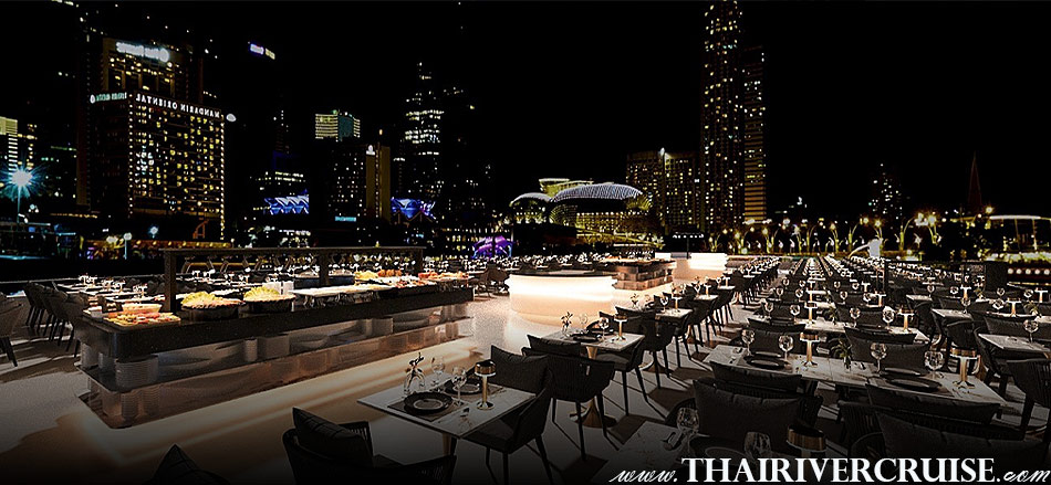 Where to book New Year's Eve Bangkok cruise SAWASDEE CHAOPHRAYA CRUISE TOP DESK OPEN AIR The Sawasdee Chaophraya is a large, multi-deck vessel with a modern and luxurious design. It's built to accommodate a large number of guests, providing a comfortable and non-crowded experience