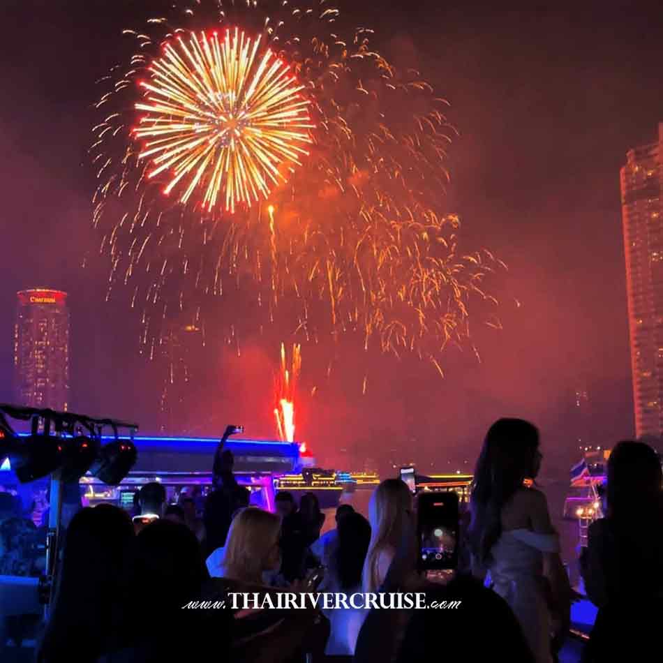 Bangkok New Year fireworks 2025 Countdown firework Bangkok,  Good Places to Celebrate New Year in Bangkok on Bangkok Dinner Cruise Smile Riverside Cruise Bangkok New Year Dinner Cruise