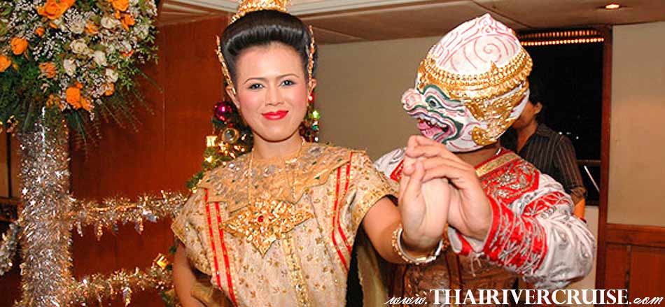 Entertainment on board Grand Pearl Cruise by Thai classical dancing and khone mask show.Sunset Cruise Bangkok