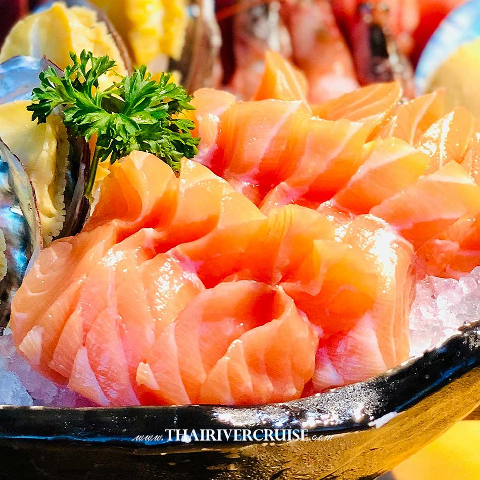 Salmon japanese food onboard The Opulence Cruise Large Luxury Bangkok Dinner Cruise Iconsiam Promotion Discount Cheap Price Ticket Price Offers Booking Online 
