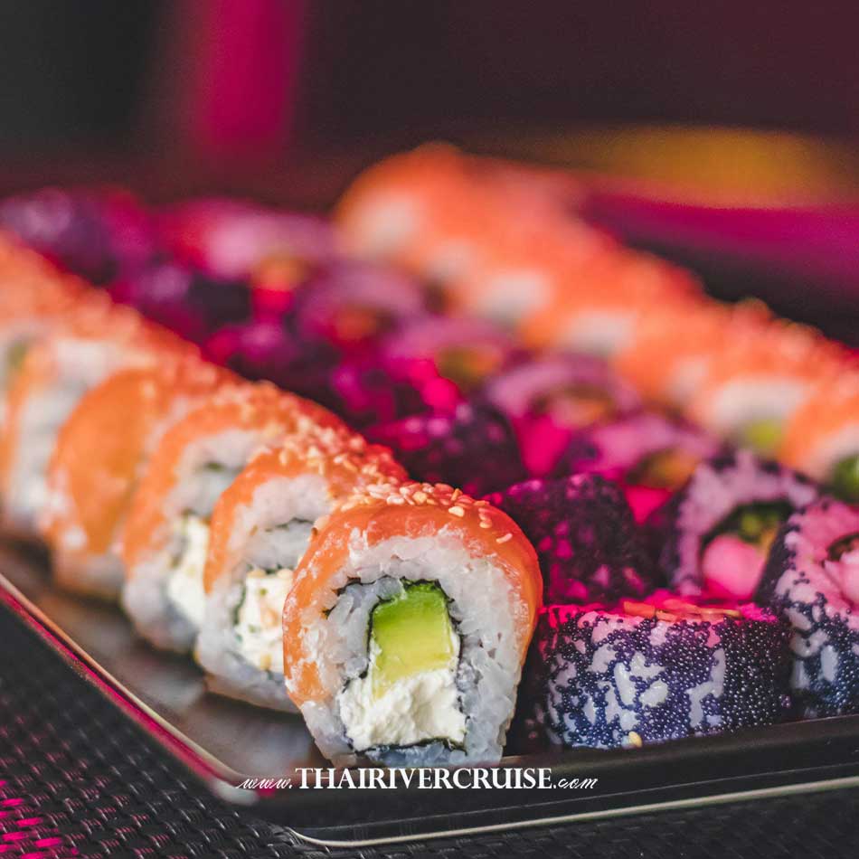 Sushi Japanese food onboard, the Opulence Cruise Large Luxury Bangkok Dinner Cruise Iconsiam Promotion Discount Cheap Price Ticket Price Offers Booking Online 