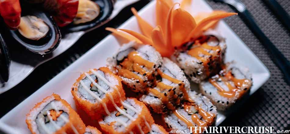 Sushi japanese food available onboard  Unicorn Bangkok Dinner Cruise ICONSIAM discount Bangkok dinner cruise price promotion offer low cost buffet dinner cruise on the Chaophraya river