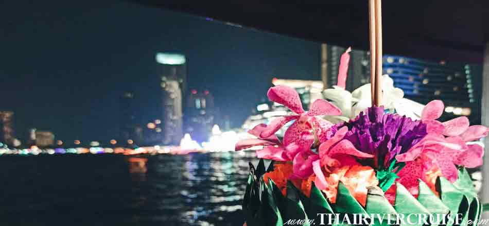 Loy krathong activities onboard Pray and Float your Krathong in to Chao Phraya River,Bangkok,Thailand