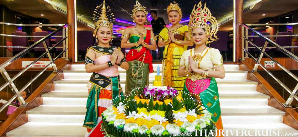 Traditional Show, Loy Krathong Dinner Cruise by Wonderful Pearl Cruise, luxury large elegance 5-stars Loykrathong dinner cruise Chaophraya river Bangkok Thailand 